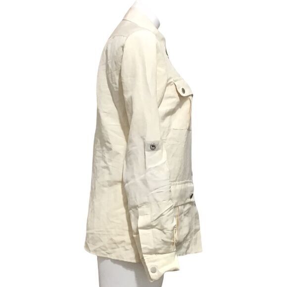 Michael Kors Beige Linen Silk Blend Leather Trim Utility Chore Jacket Size 8 - Picture 4 of 13